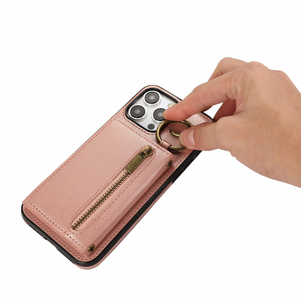 Crossbody Cards Solt Triple Wallet Leather Zipper Case For iPhone 15 16 Pro Max 14 Plus 13 12 11 XS XR SE2022 Ring Holder Cover