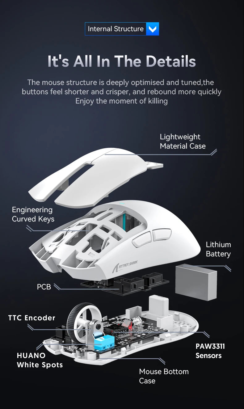 ATTACK SHARK X11 Wireless Gaming Mouse PAW3311 Sensor 22000DPI 3 Modes Wired 2.4G BT 280mAh Rechargeable Mouse