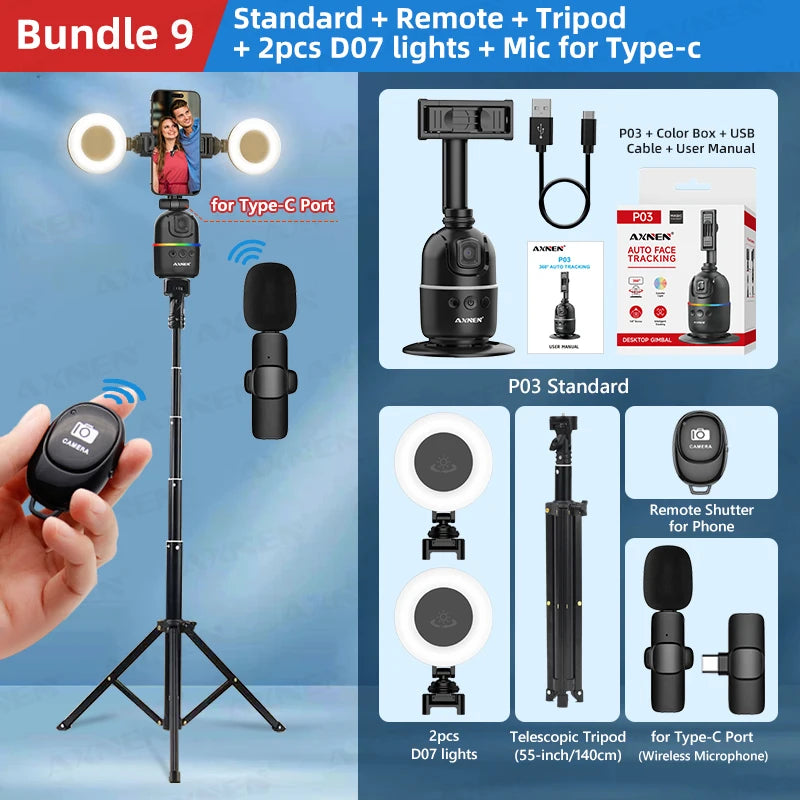 Premium AI-powered desktop vlog kit with 360° rotation support."