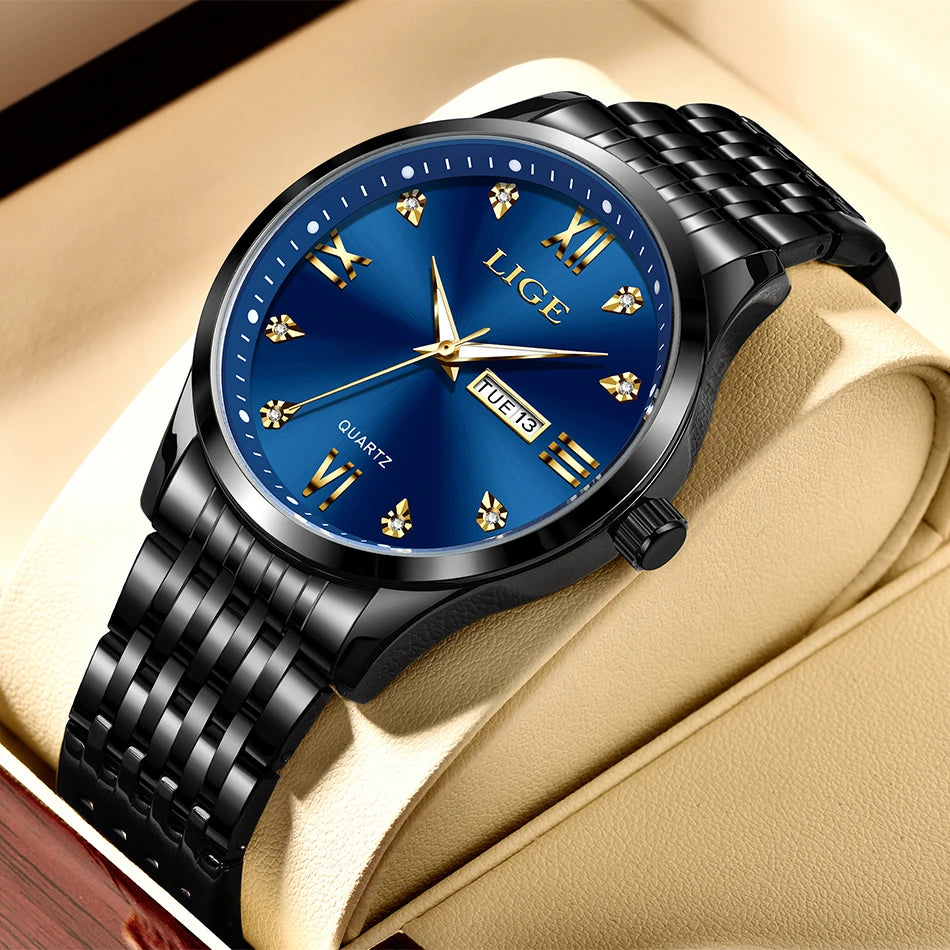 LIGE Fashion Retro Diamond Dial Casual Watches Round Stainless Steel Waterproof Luminous Clock Quartz Wristwatch for Women Gift