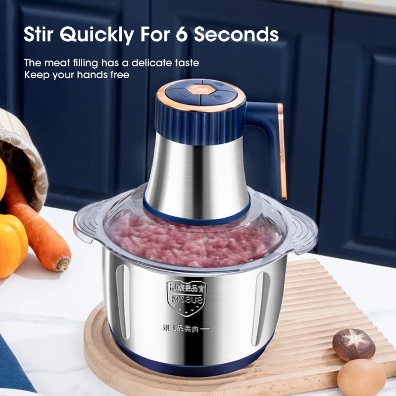 High-capacity electric food grinder for professional household cooking.