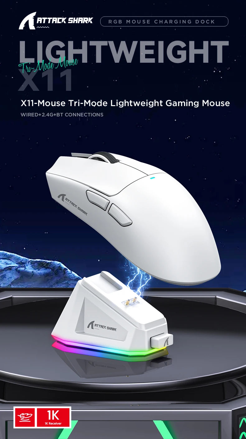 ATTACK SHARK X11 Wireless Gaming Mouse PAW3311 Sensor 22000DPI 3 Modes Wired 2.4G BT 280mAh Rechargeable Mouse