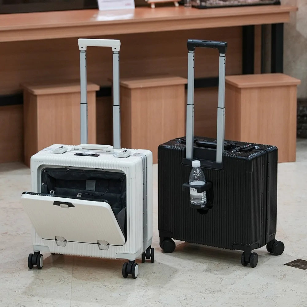 Suitcase Front Opening Pocket Aluminum Alloy Frame Rolling Luggage 18" Carry On Boarding Travel Trolley Bags with Spinner Wheel