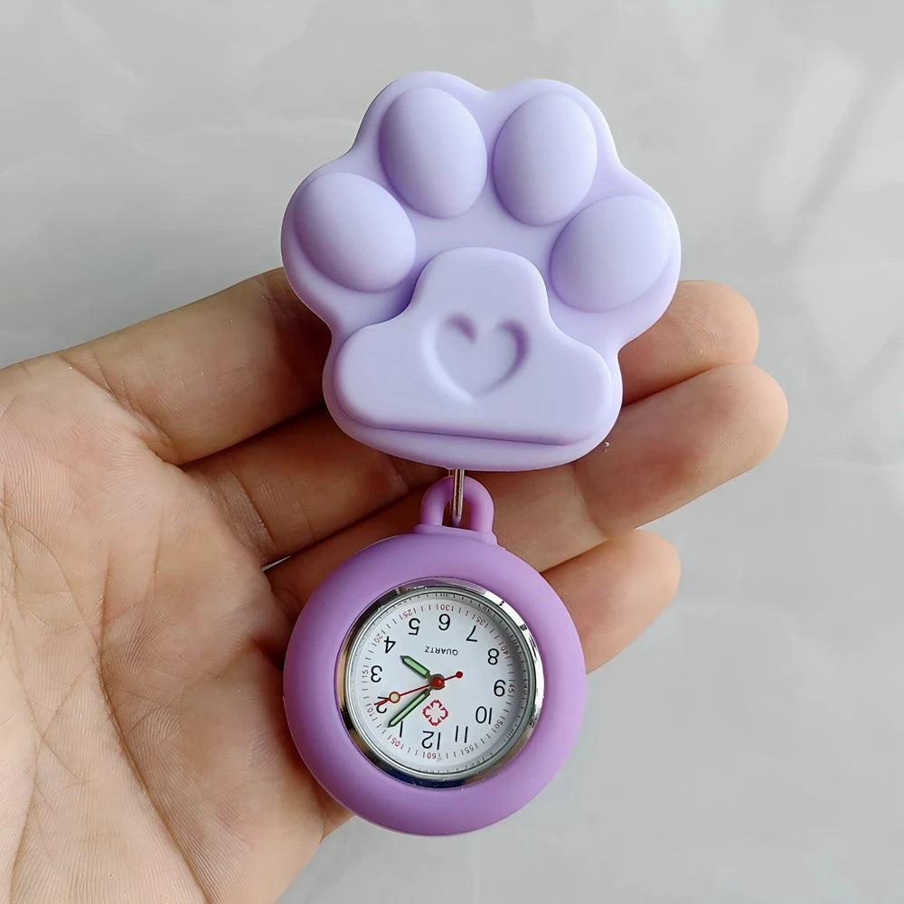 Colourful Retractable Badge Reel Nurse Doctor Lovely Cat Claw Footprints Pocket Watches medical hospital Gift Watch for women