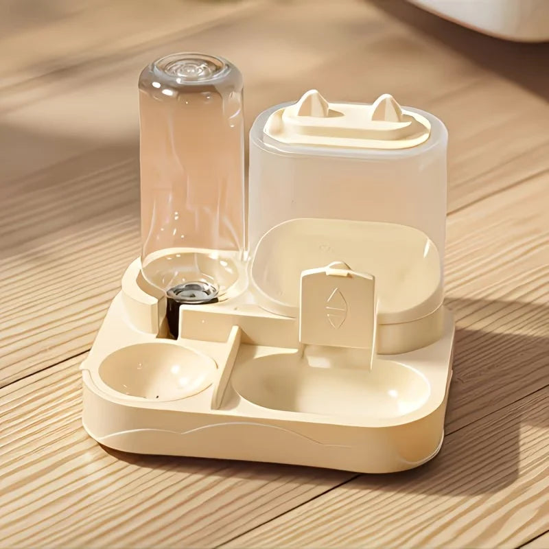 Pet drinking and feeding unit separates dry and wet food made of durable plastic with transparent design without battery for cat