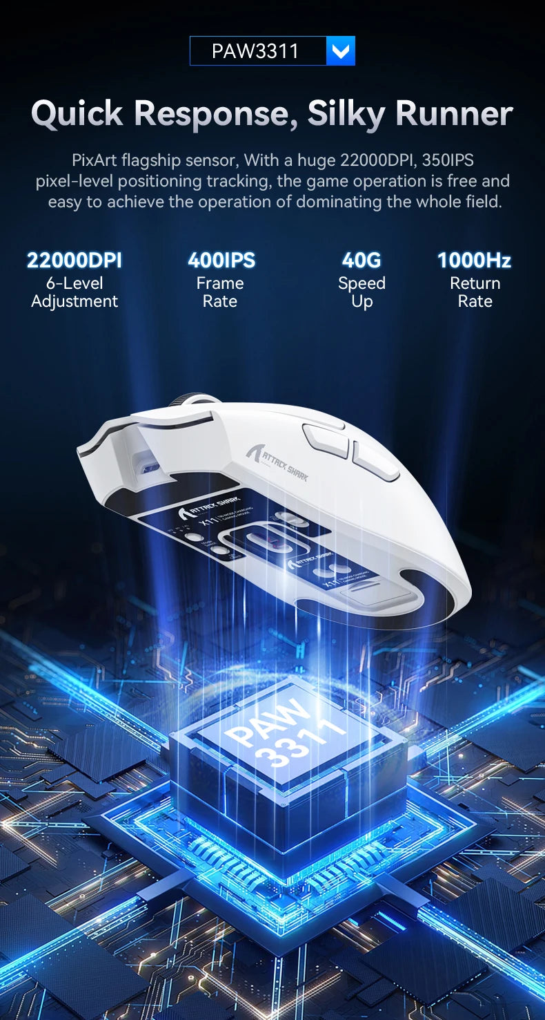 ATTACK SHARK X11 Wireless Gaming Mouse PAW3311 Sensor 22000DPI 3 Modes Wired 2.4G BT 280mAh Rechargeable Mouse