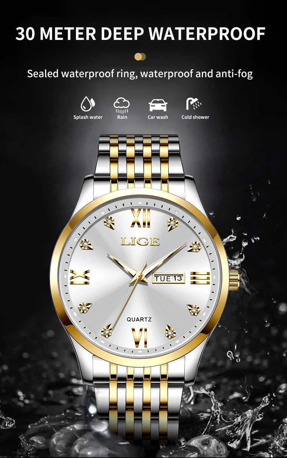 LIGE Fashion Retro Diamond Dial Casual Watches Round Stainless Steel Waterproof Luminous Clock Quartz Wristwatch for Women Gift