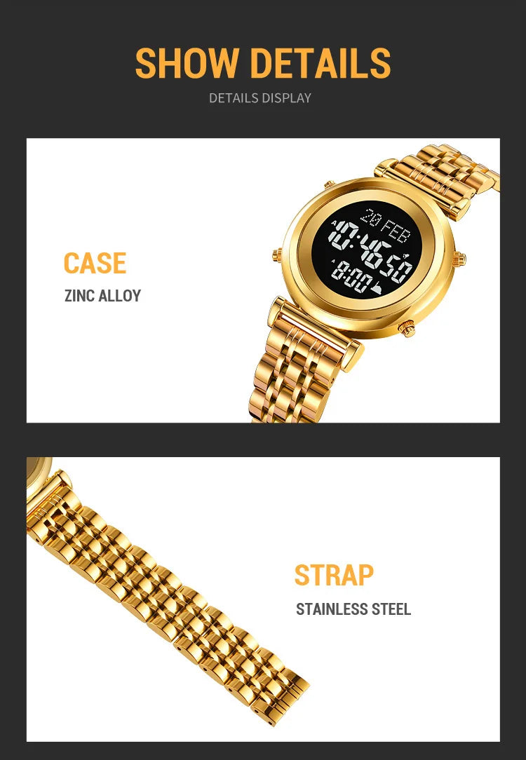 SKMEI 2139 Digital Watch Steel Muslim Azan Mens Back Light Waterproof Hijri Islamic Wristwatch Prayer Qibla Compass Alarm Clock