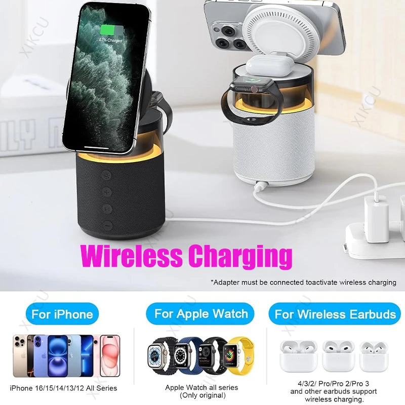 4-in-1 Wireless Magnetic Charger with Bluetooth Speaker Night Light Fast Charger For iPhone iWatch AirPods Charging Station