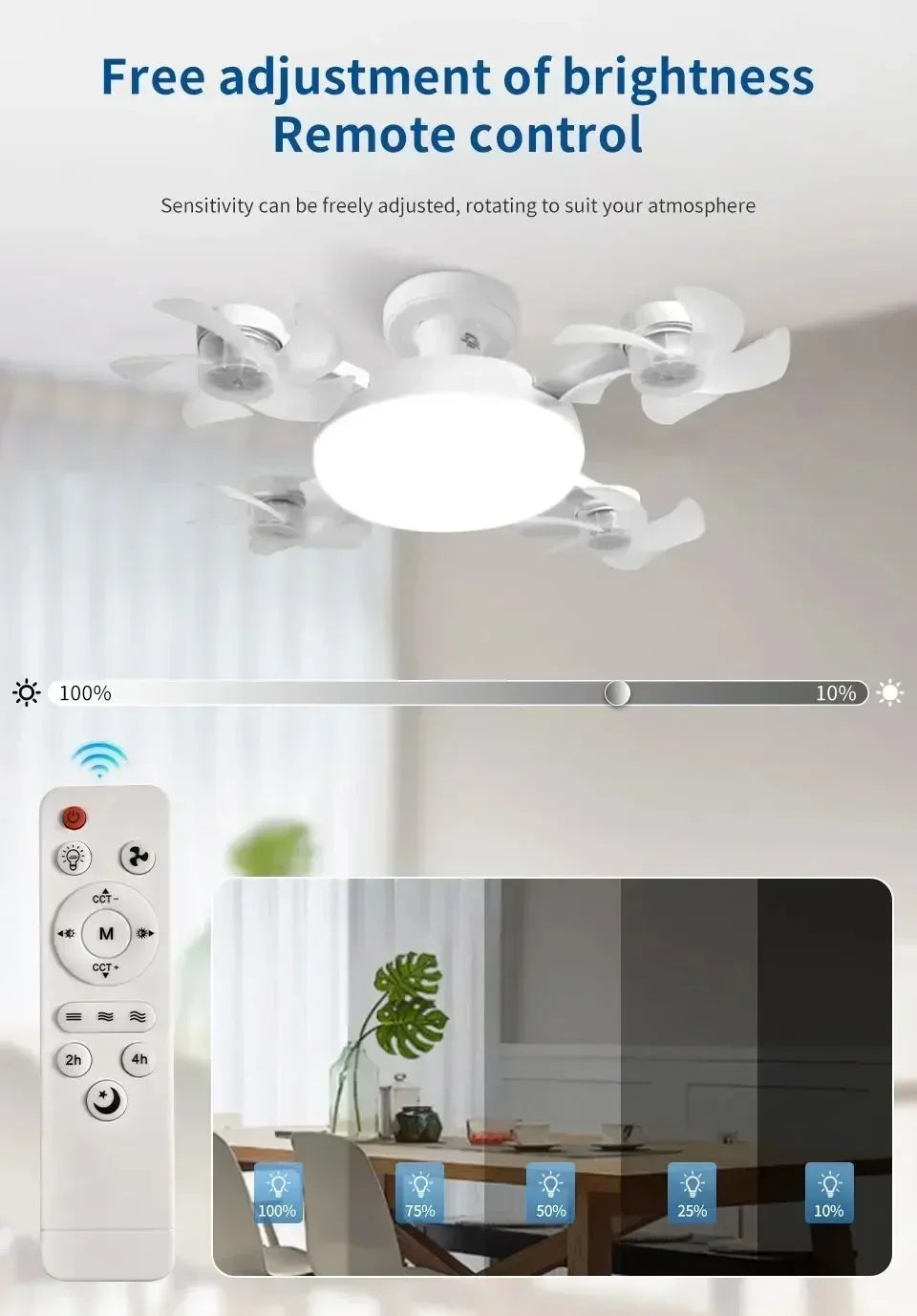 Remote Control Dimmable LED Fan Light E27 Ceiling Fan with Light 3Color Eye Protection Strobe Free Bedroom Kitchen Garage Office