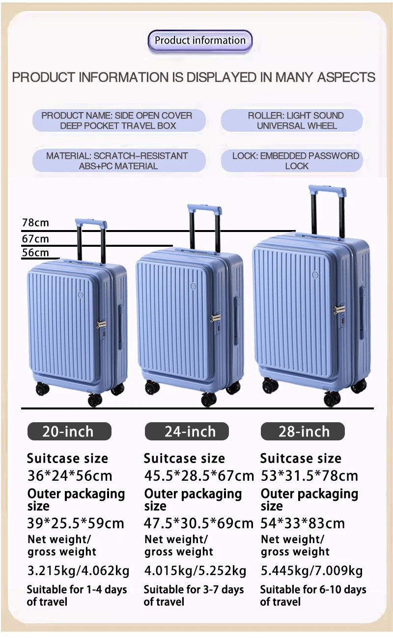 Multifunctional Front Opening Expandable Suitcase with Cup Holder Large Capacity Luggage 360° Shock Absorbing Wheels 20' 24' 28'