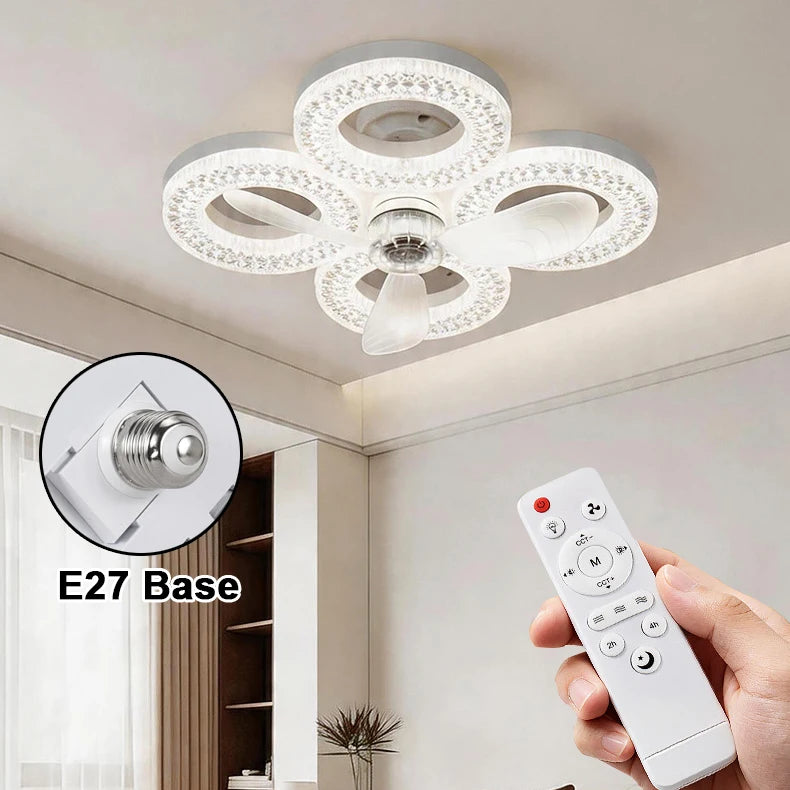 48W Ceiling Fan Light E27 Remote Control 4 heads Circular/Square Timer-controlled Converter Base Lighting Base Bedroom Living R