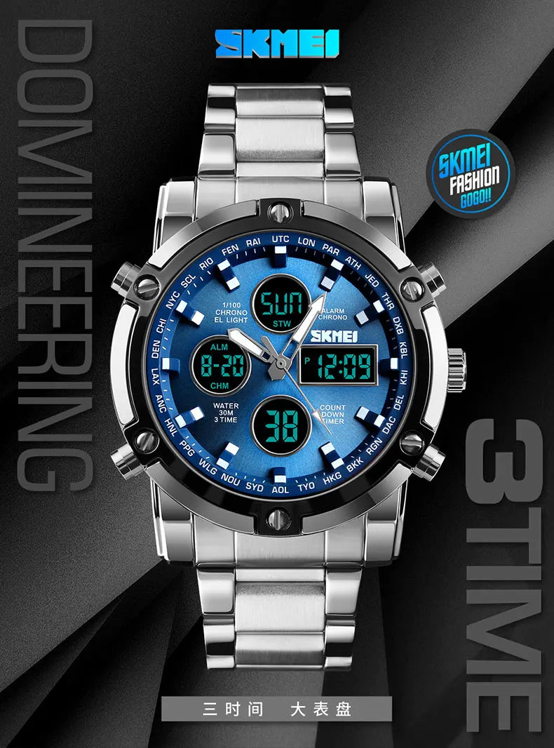 Luxury Sport Men's Quartz Watch Digital Wristwatch Waterproof Stainless Steel Male Watches Clock Relogio Masculino 1389