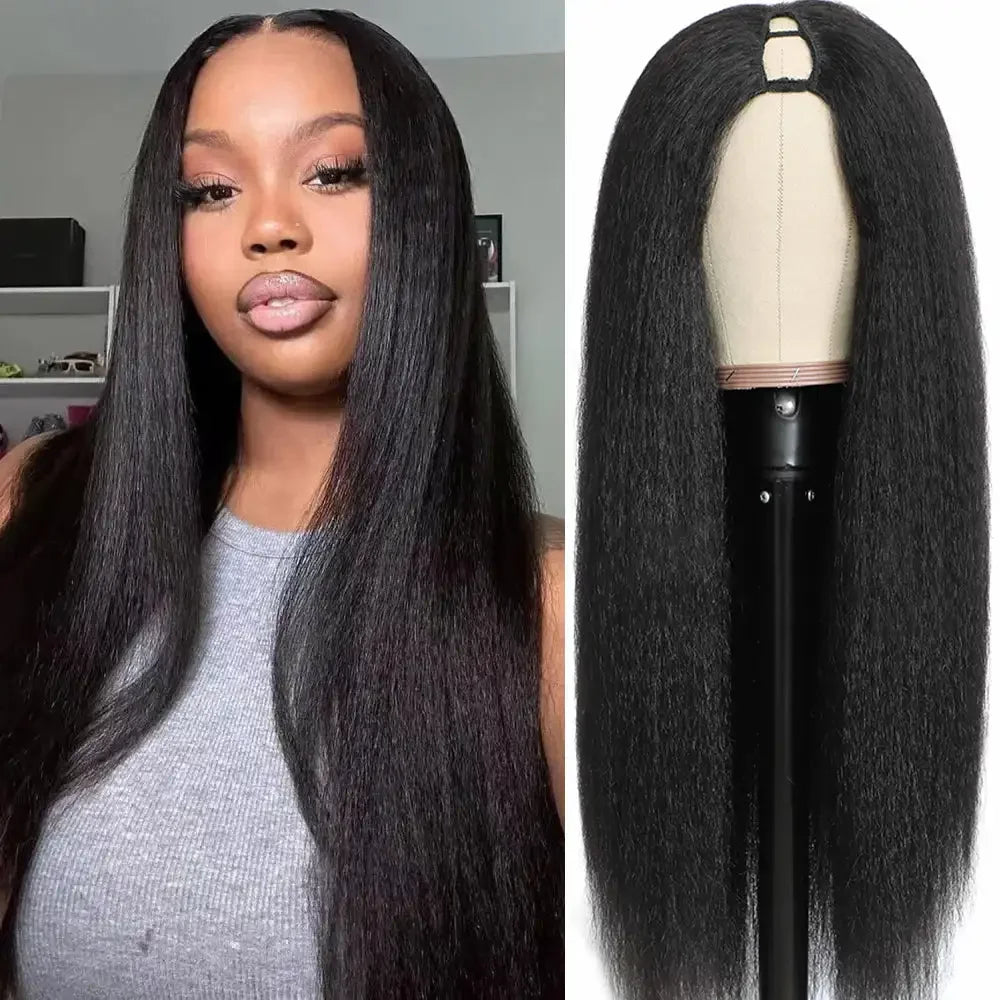 V Part Kinky Straight Wig Human Hair 220% Density 32 40 Inch V Shape Clip in Half Wigs No Leave Out No Sew In Wig Natural Color