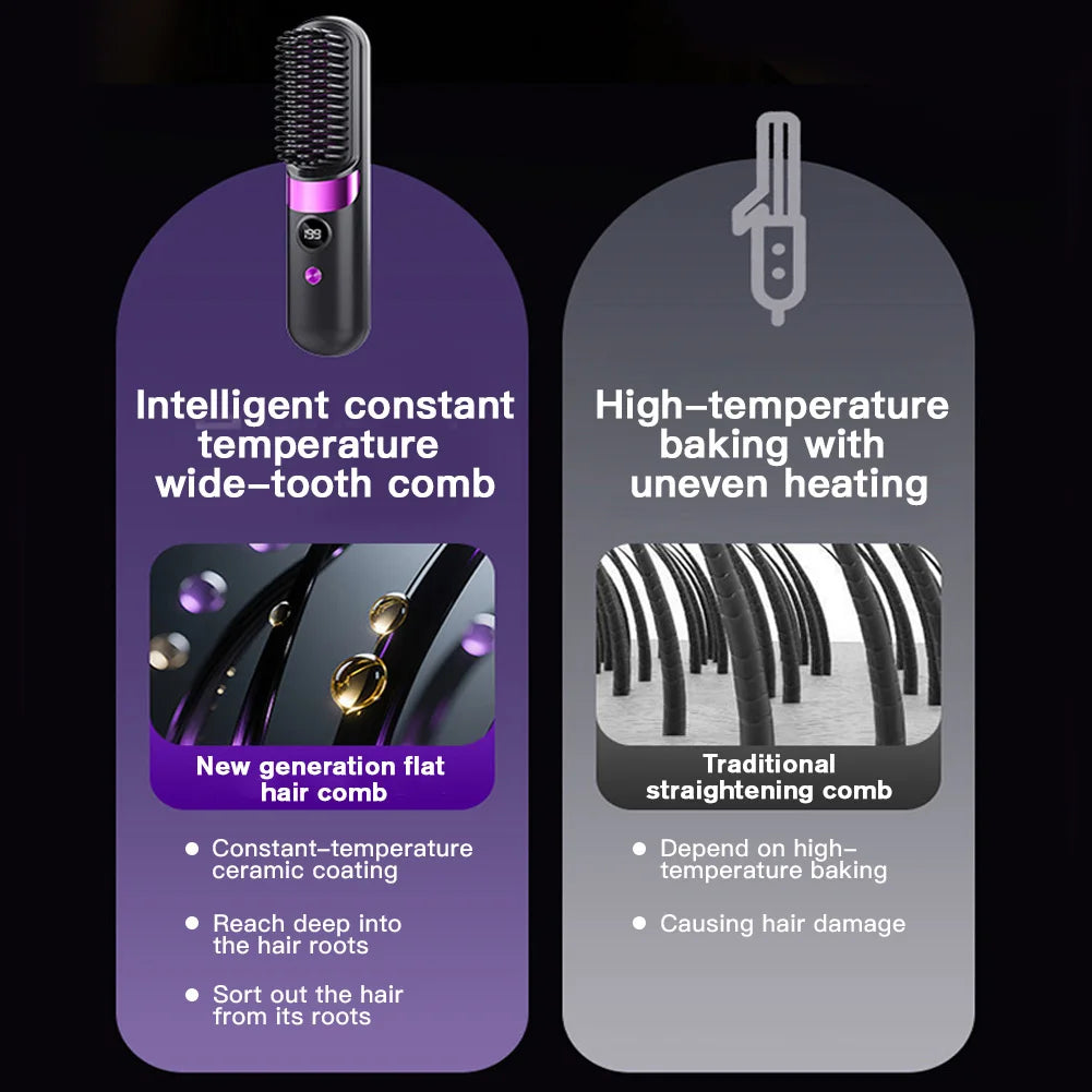 Hair Straightener Brush with LCD Display Cordless USB Charging Straightener Portable Mini Straightening Brush for Home Travel