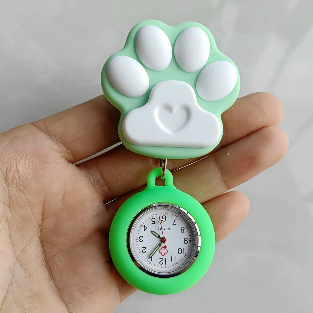 Colourful Retractable Badge Reel Nurse Doctor Lovely Cat Claw Footprints Pocket Watches medical hospital Gift Watch for women
