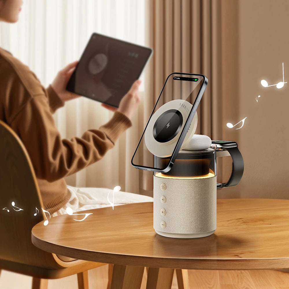4-in-1 Wireless Magnetic Charger with Bluetooth Speaker Night Light Fast Charger For iPhone iWatch AirPods Charging Station