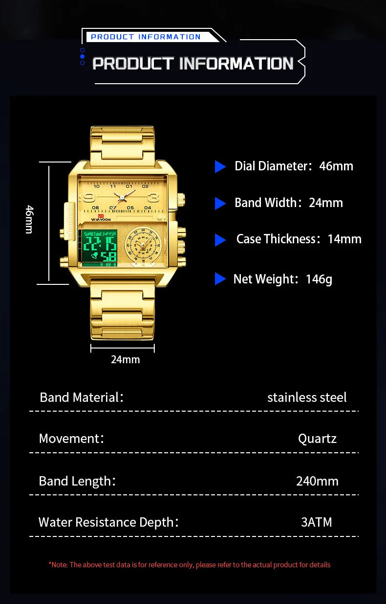 Dual Display Men Sports Watches For Male Clock Gold Black Men Digital Wrist Watches Top Brand Luxury Chronograph Quartz Watch