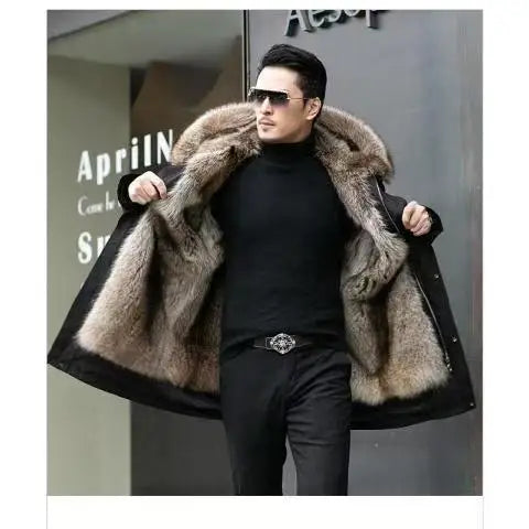 Winter Men Parka Warm Coat Men Wool Liner Jacket Long Hooded Jacket High Quality Raccoon Fur Collar