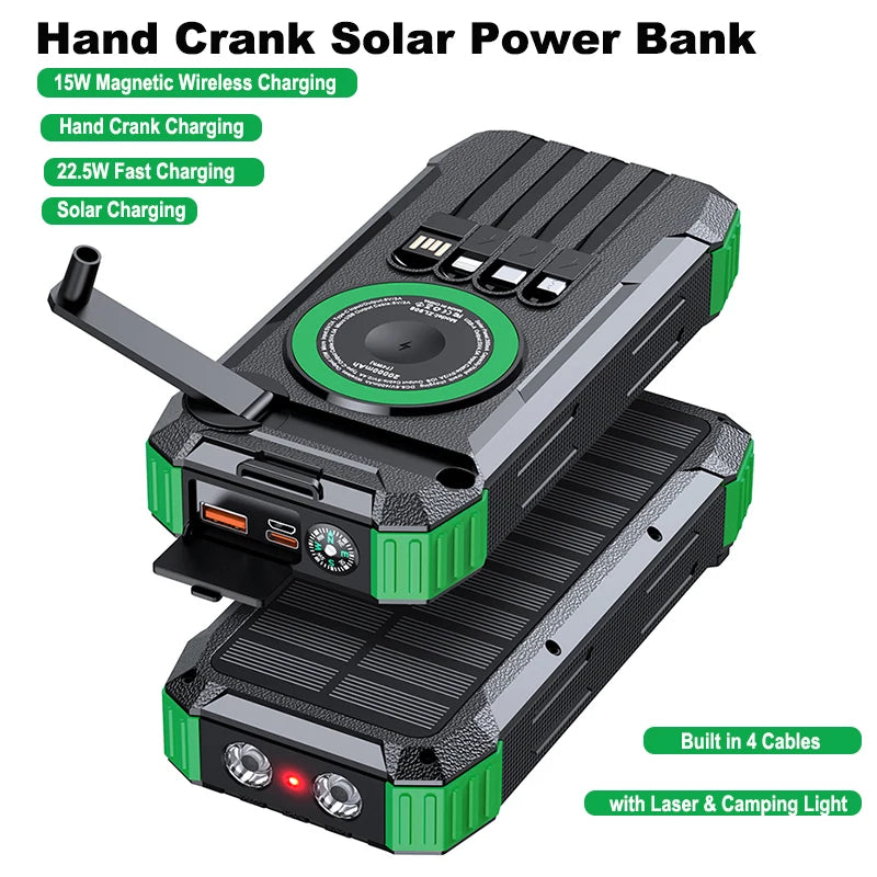 Hand Crank Solar Power Bank 20000mAh Magnetic Wireless 22.5W Fast Charging External Battery for Magsafe iPhone 17 iWatch Charger