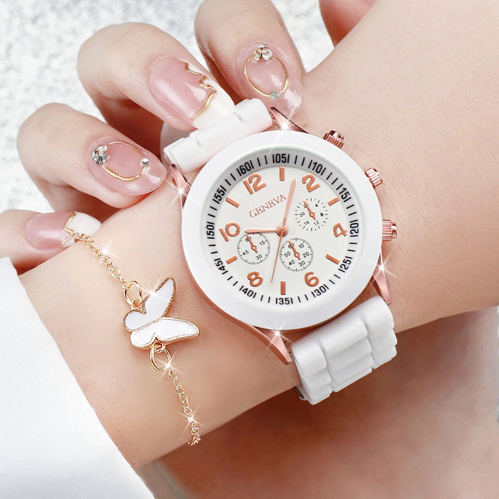 5/6PCS Women Watches Fashion Arabic Dial Silicone Band Quartz Watch Reloj Mujer Girls Clock Gift Jewelry Set（Without Box）
