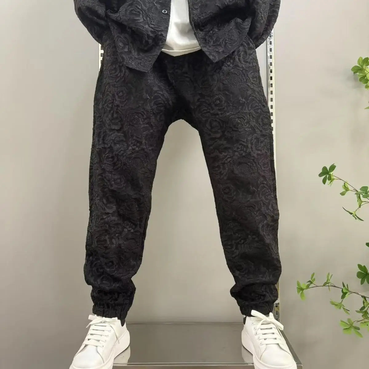 2025 New Men's casual fashion two-piece pants set, sporty lapel jacquard shirt, long-sleeved spring and autumn set