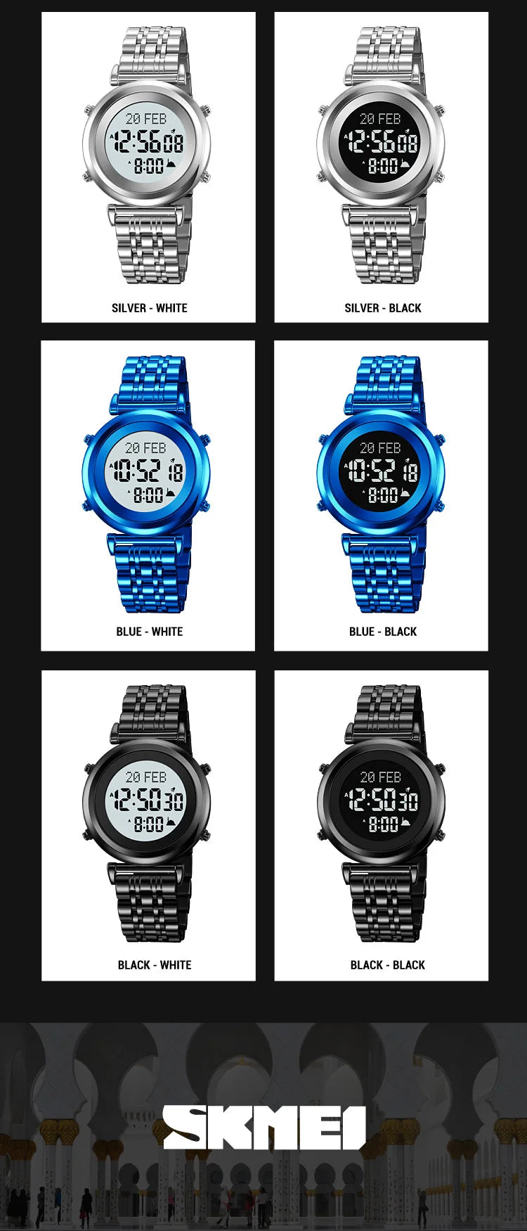 SKMEI 2139 Digital Watch Steel Muslim Azan Mens Back Light Waterproof Hijri Islamic Wristwatch Prayer Qibla Compass Alarm Clock