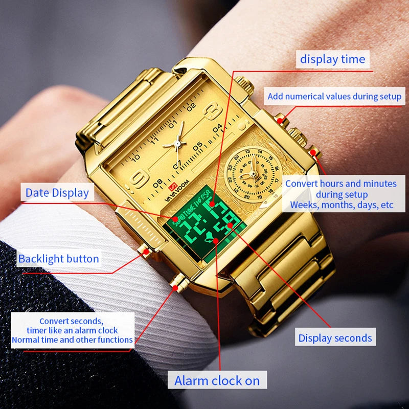 Dual Display Men Sports Watches For Male Clock Gold Black Men Digital Wrist Watches Top Brand Luxury Chronograph Quartz Watch