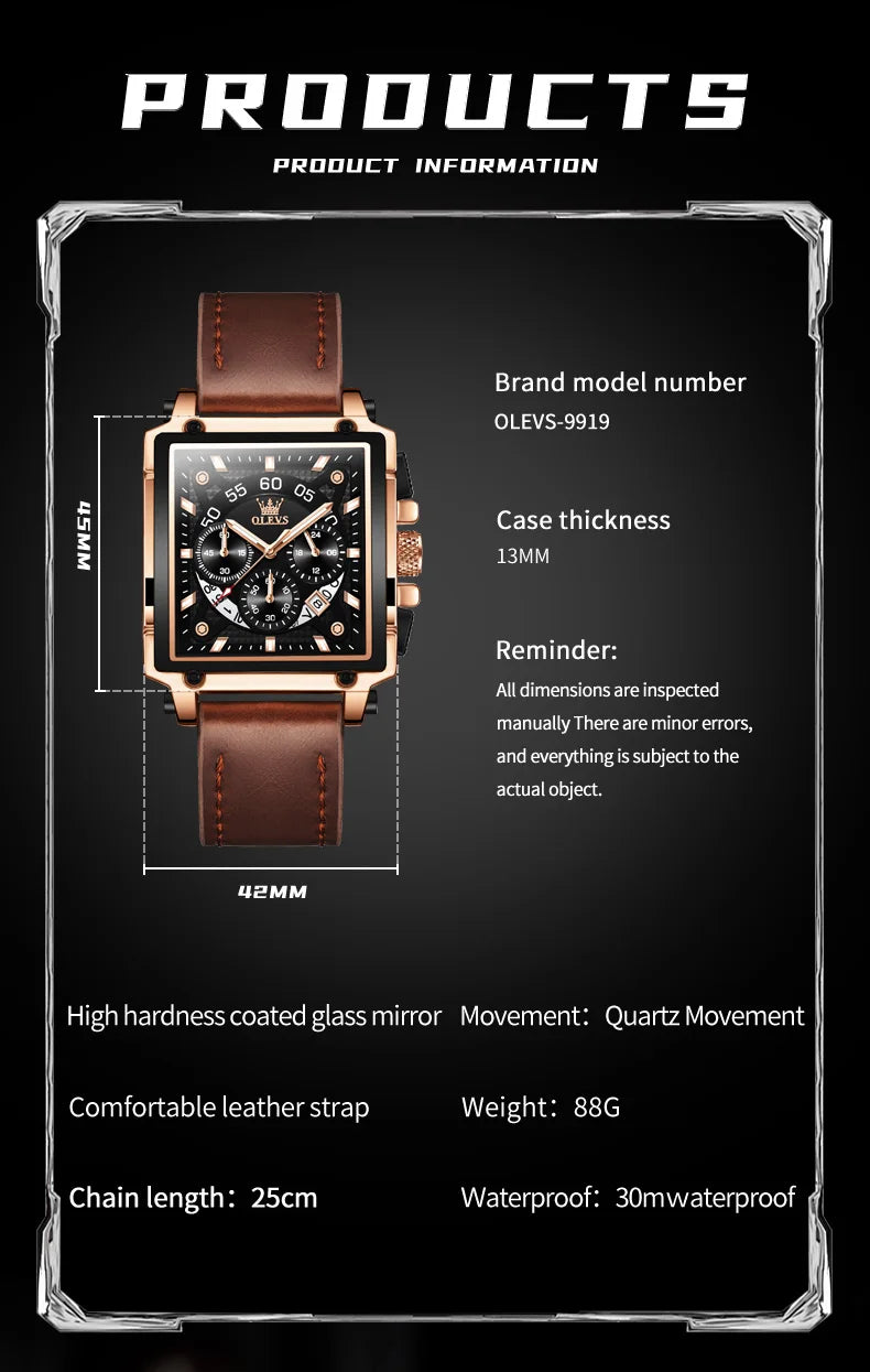 OLEVS Top Brand Male Watches Square Quartz Watch Watch For Men Waterproof Leather Strap Sport Clock Male Relogio Masculino