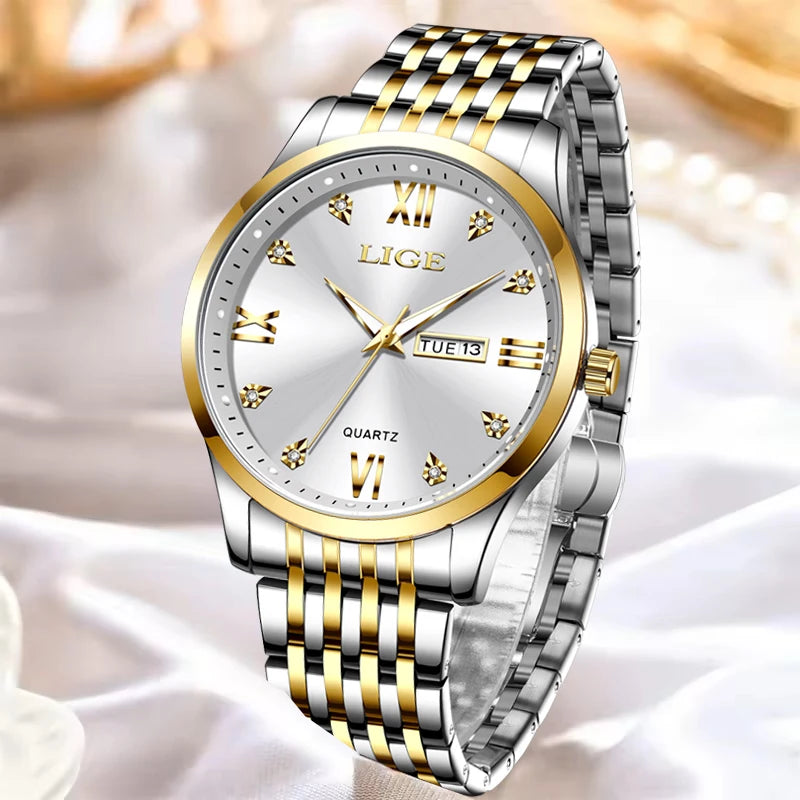 LIGE Fashion Retro Diamond Dial Casual Watches Round Stainless Steel Waterproof Luminous Clock Quartz Wristwatch for Women Gift