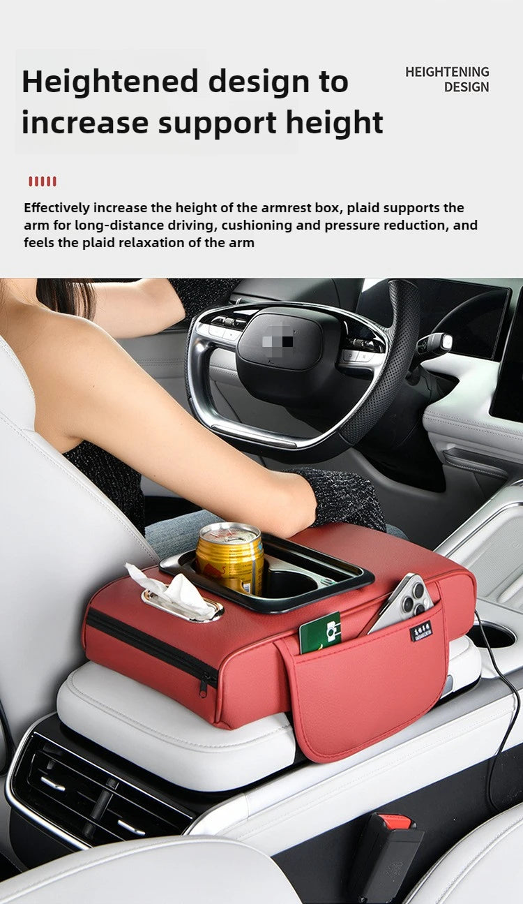 Multi-Function Car Armrest Box with USB Port - Storage Booster Pad Center Console Tissue Box And Water Cup Holder for Vehicle