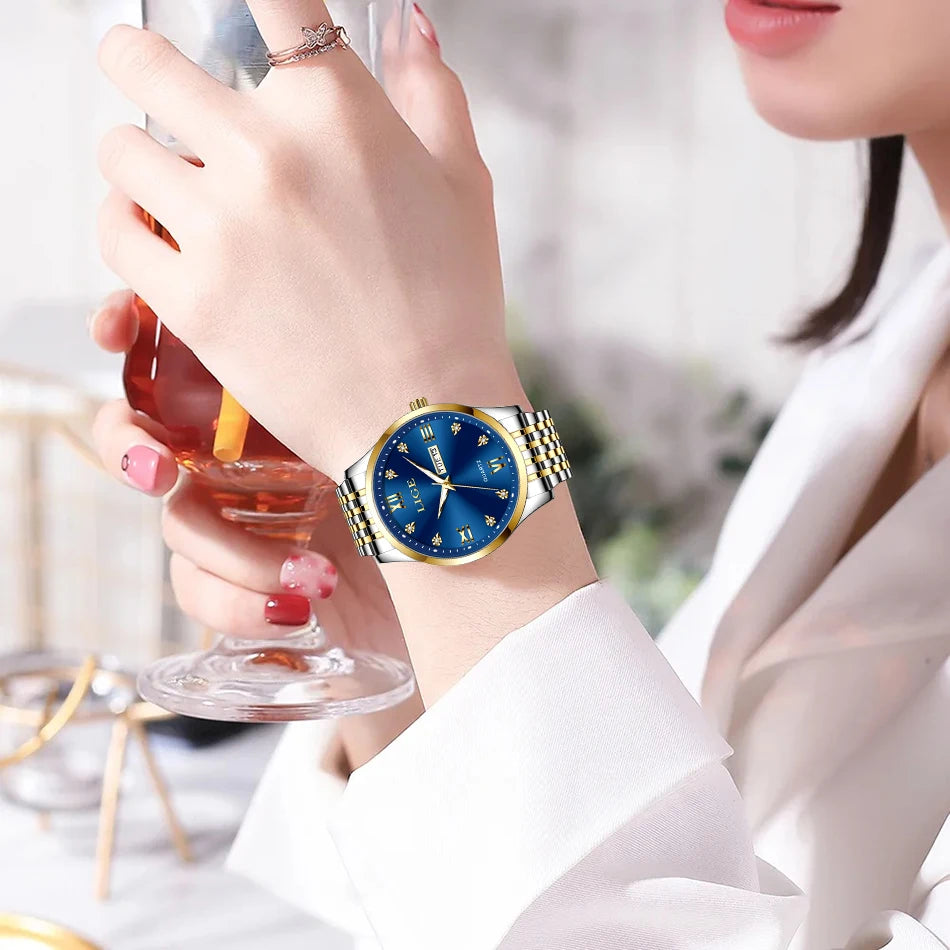 LIGE Fashion Retro Diamond Dial Casual Watches Round Stainless Steel Waterproof Luminous Clock Quartz Wristwatch for Women Gift