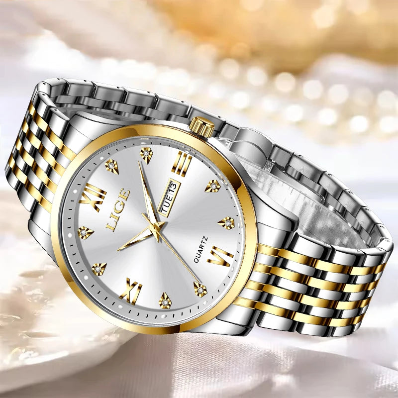 LIGE Fashion Retro Diamond Dial Casual Watches Round Stainless Steel Waterproof Luminous Clock Quartz Wristwatch for Women Gift