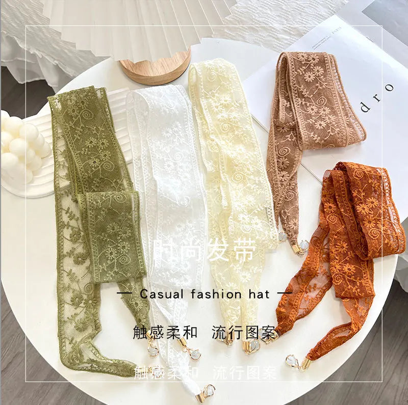 Women's Gentle Parent-Child Daisy Lace Pendant Hair Band Multi-Functional Scarf Silk Scarf Belt Long Thin Narrow Ribbon