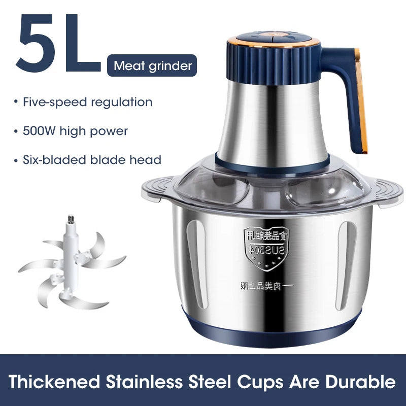 High-capacity electric food grinder for professional household cooking.