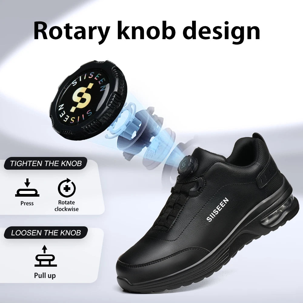 New Waterproof Safety Shoes Men Boots Rotating Button W0ork Sneakers Leather Shoes Anti-Smash Anti-Puncture Security Work Boots