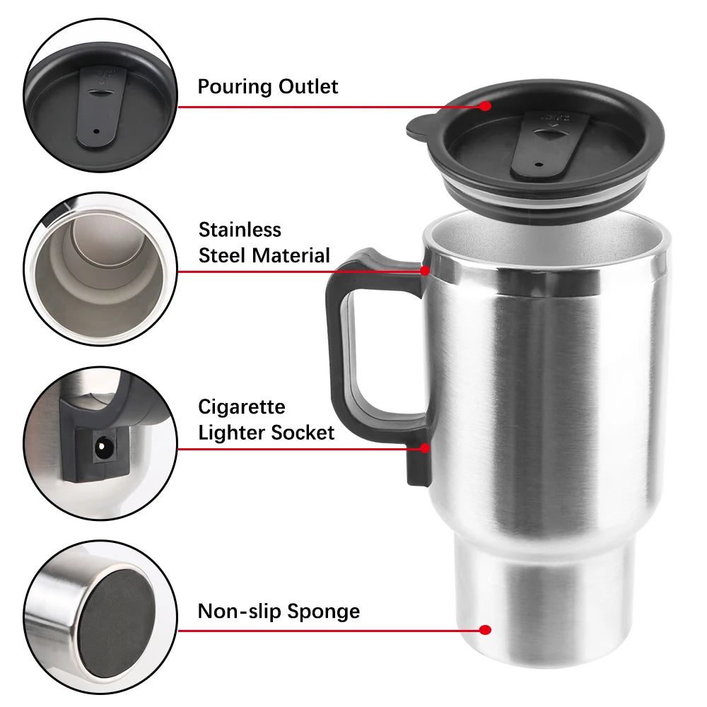 Car Electric Heating Cup Stainless Steel Camping Travel Kettle Vehicle Heating Cup Water Coffee Milk Thermal Mug 12V 450ml/300ml