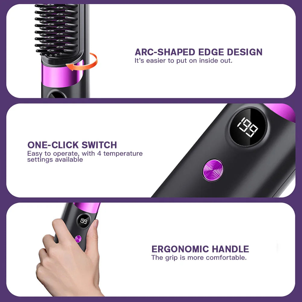 Hair Straightener Brush with LCD Display Cordless USB Charging Straightener Portable Mini Straightening Brush for Home Travel
