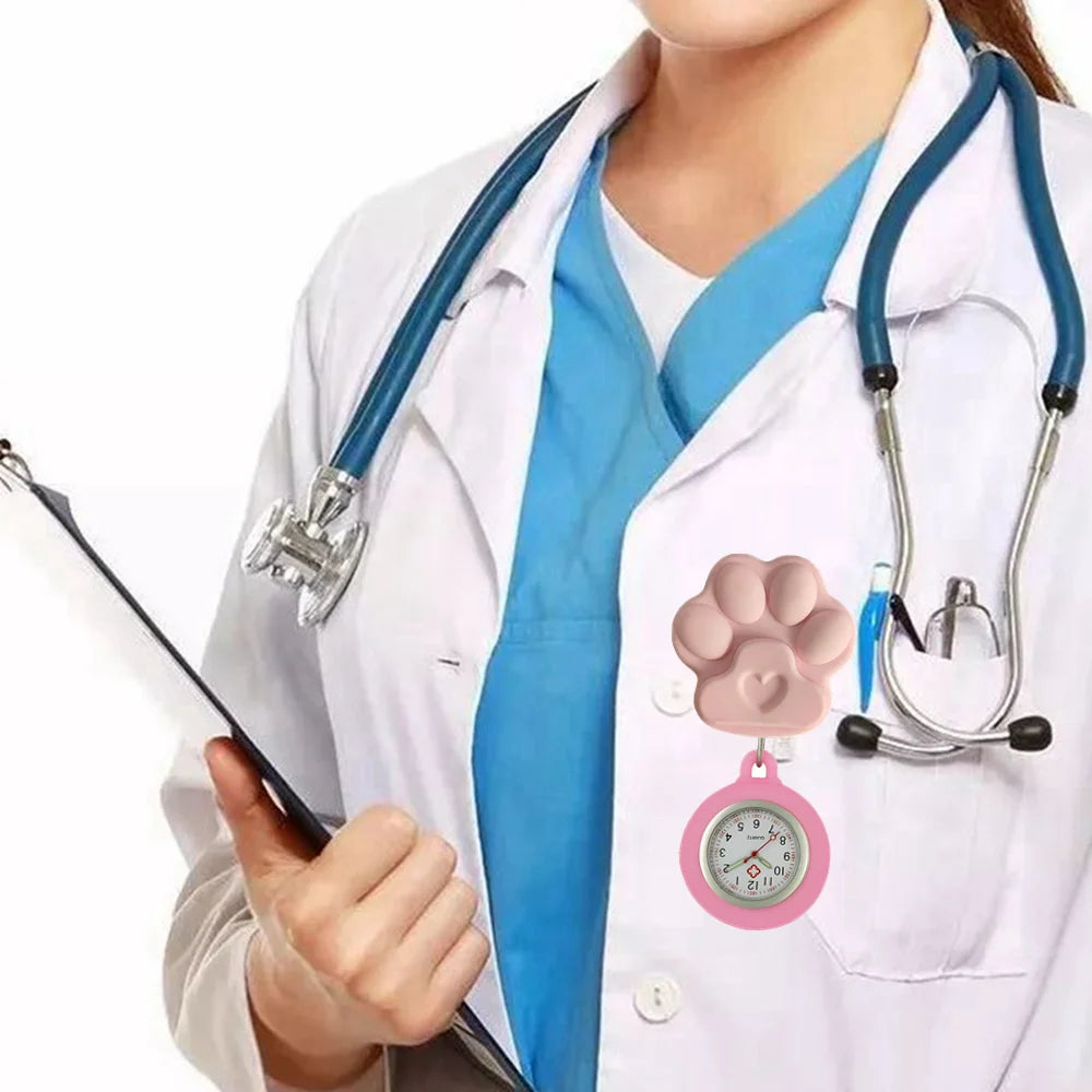 Colourful Retractable Badge Reel Nurse Doctor Lovely Cat Claw Footprints Pocket Watches medical hospital Gift Watch for women