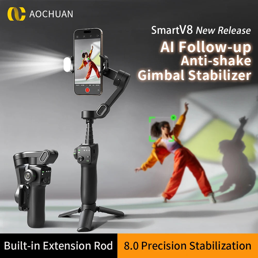 Smart handheld gimbal featuring AI face tracking and tripod combo."