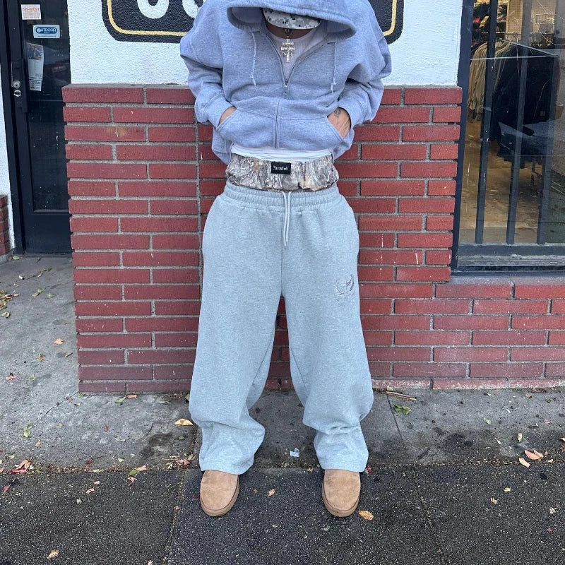 Y2K Retro Sweatpants Double Waisted Embroidered Camouflage Pattern Wide Leg Pants Men Clothes Goth Streetwear Unisex Baggy Pants