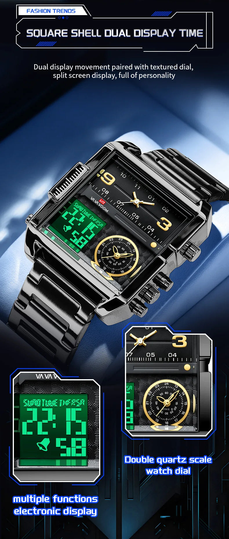 Dual Display Men Sports Watches For Male Clock Gold Black Men Digital Wrist Watches Top Brand Luxury Chronograph Quartz Watch