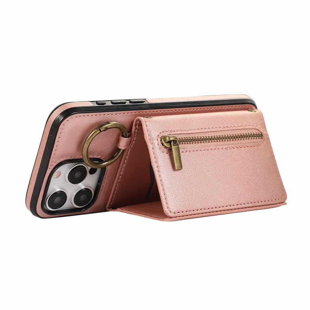 Crossbody Cards Solt Triple Wallet Leather Zipper Case For iPhone 15 16 Pro Max 14 Plus 13 12 11 XS XR SE2022 Ring Holder Cover