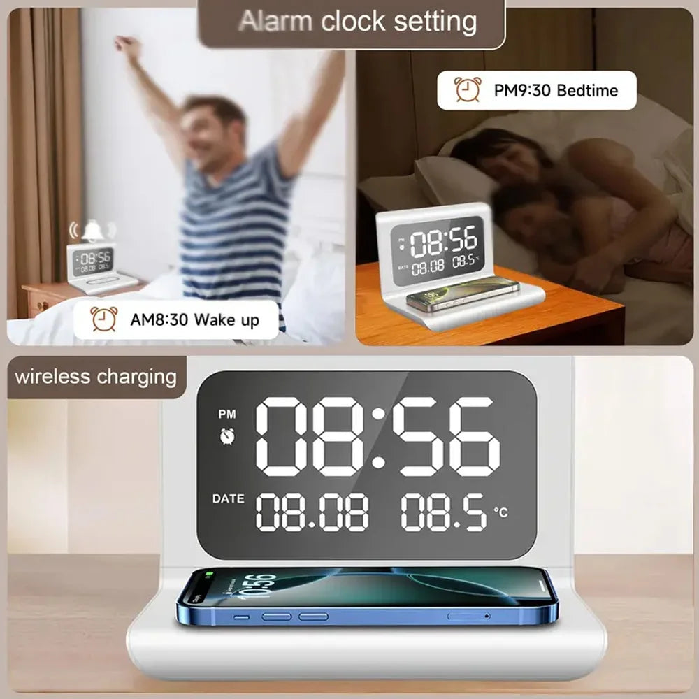 Wireless Charger Pad Stand with Alarm Clock And Thermometer Fast Charging Station for iPhone 17/16/15/14/13/12/11