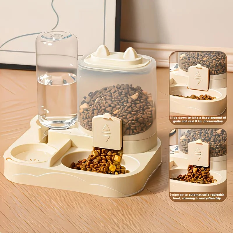Pet drinking and feeding unit separates dry and wet food made of durable plastic with transparent design without battery for cat