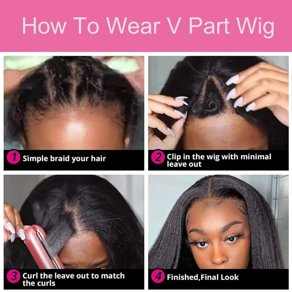 V Part Kinky Straight Wig Human Hair 220% Density 32 40 Inch V Shape Clip in Half Wigs No Leave Out No Sew In Wig Natural Color