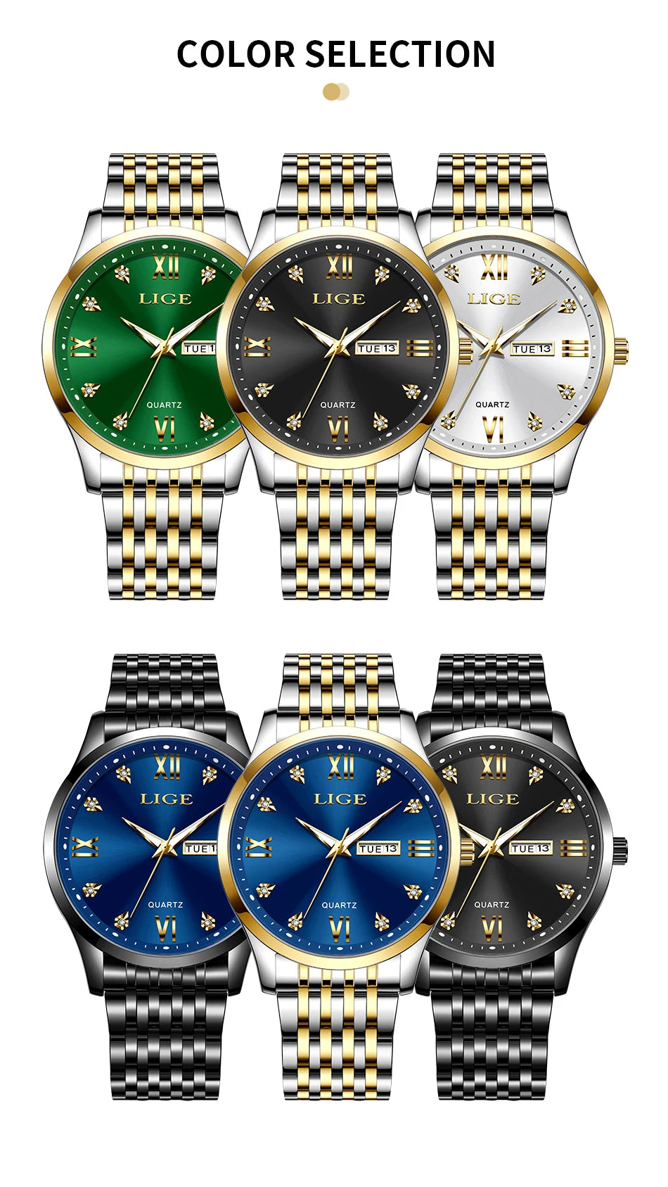LIGE Fashion Retro Diamond Dial Casual Watches Round Stainless Steel Waterproof Luminous Clock Quartz Wristwatch for Women Gift