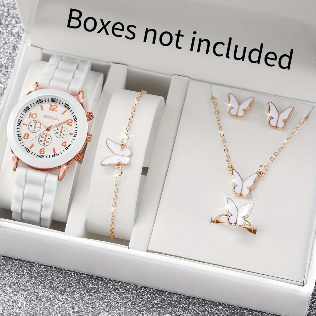 5/6PCS Women Watches Fashion Arabic Dial Silicone Band Quartz Watch Reloj Mujer Girls Clock Gift Jewelry Set（Without Box）