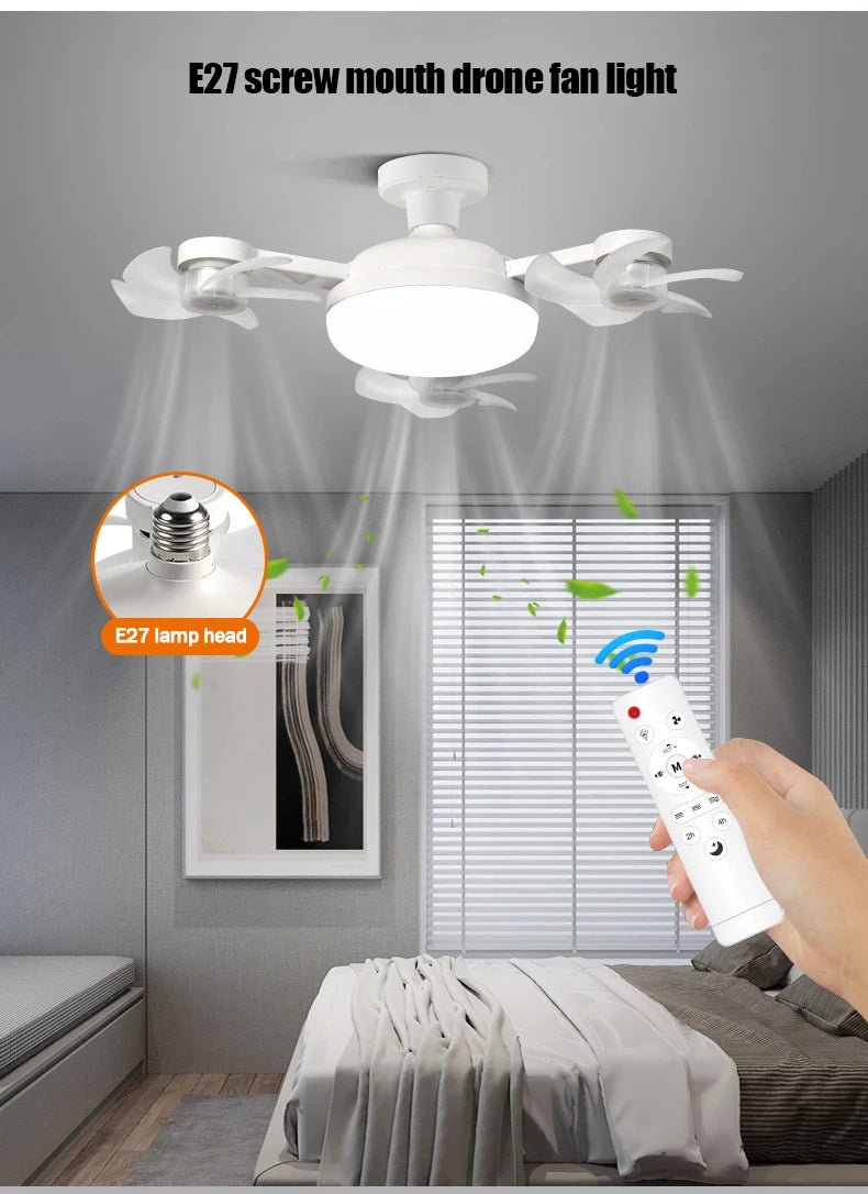 E27 LED Ceiling Fan Light with Remote Control Dimmer Function 50 60W Ceiling Light Drone Shaped Fan Light for Living Room Study