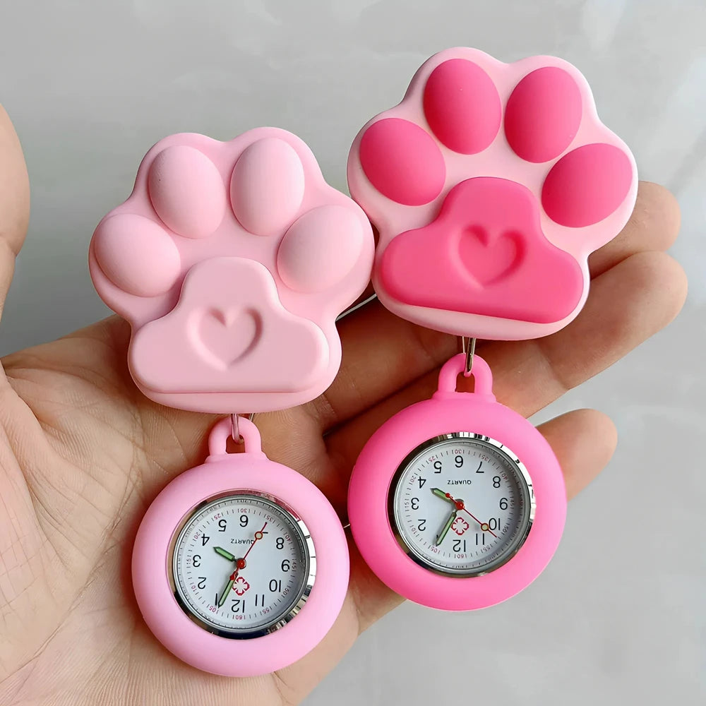 Colourful Retractable Badge Reel Nurse Doctor Lovely Cat Claw Footprints Pocket Watches medical hospital Gift Watch for women